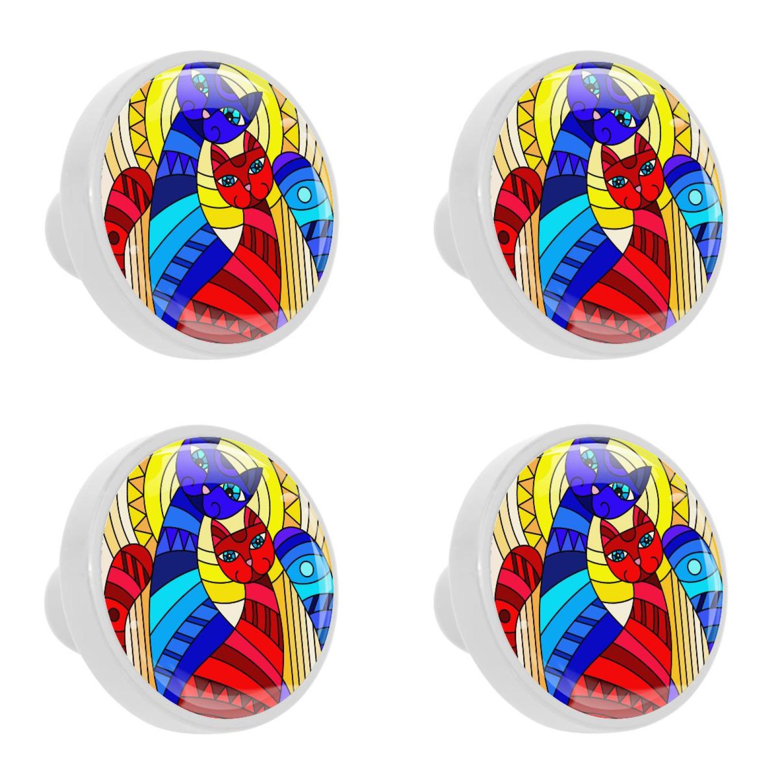 Ownta 4Pcs Kitchen Knob Round Cat Stained Glass Knobs Closet