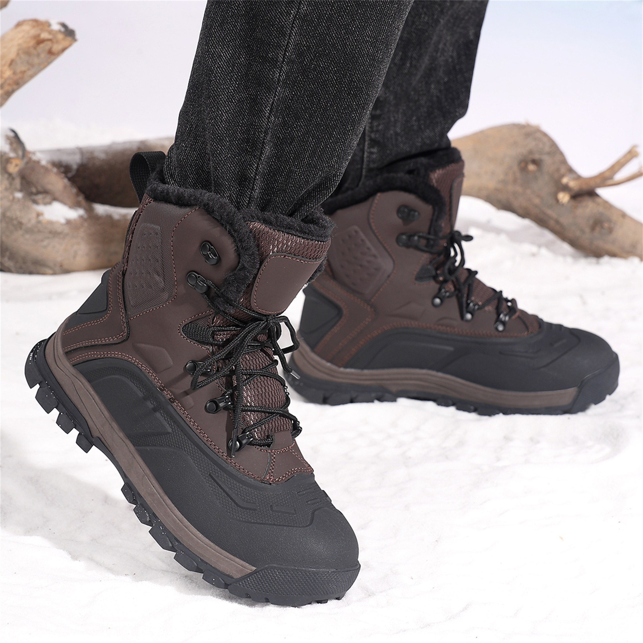 YOURDIARY Men's Ankle-High Waterproof Hiking Boots Snow Boots Outdoor Shoes Trekking Trails Faux Fur Lined