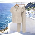 thumbnail image 6 of 2 Piece Summer Sets for Women Ndbuld Women's Summer And Linen Set Casual V-neck Top+pants Set Two-piece Set Beige L, 6 of 7