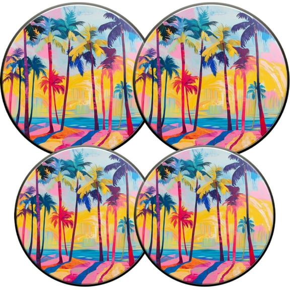 Electric Stove Burner Covers,4 Pcs Round Gas Burner Cover,8 and 10 Inch,Beach Scene with Palm Trees in Bold, Vibrant Colors