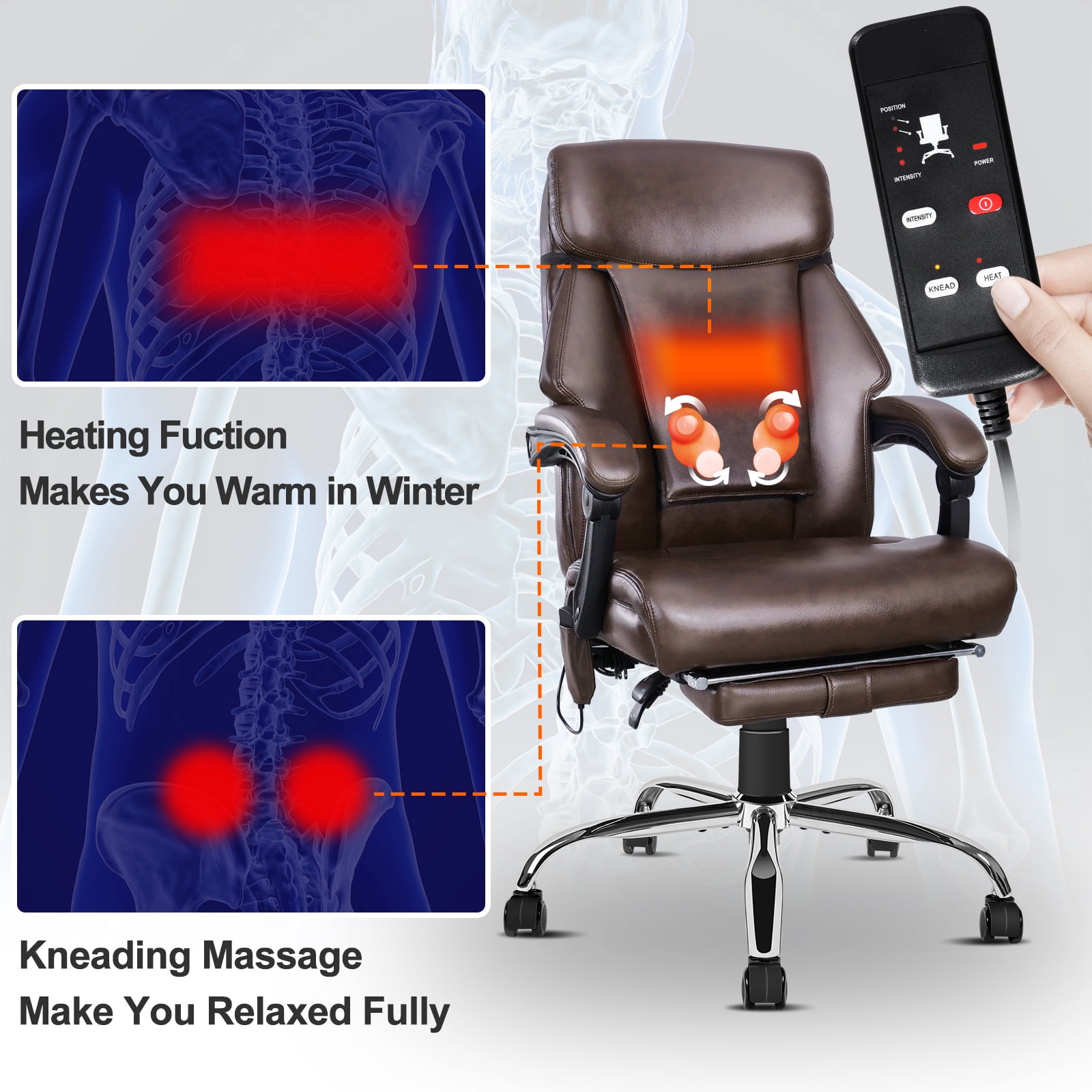 NOBLEMOOD 4 Points Massage Heated Office Chair with Foot Rest&Pillow Black Brown Ergonomic Excutive Office Chair for Adult