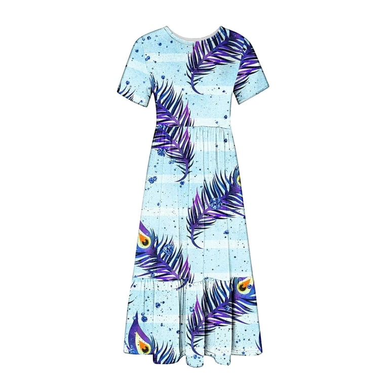 princess polly baby blue dress Penkiiy Women Feather Print Short Sleeve Dress Loose Plain Casual Summer  Flowy Tiered Long Maxi Dresses with Pockets L Light Blue