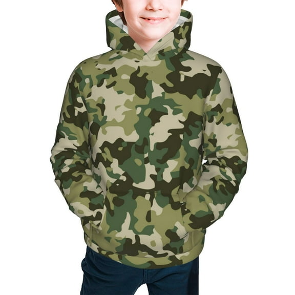 Youth Hoodies Sweashirts Kids Hooded Sweatshirt, Military Camouflage Green Camo