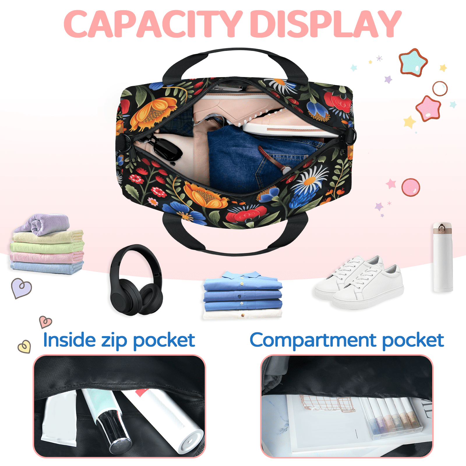 Herdesigns Boho Floral Travel Duffle Bag Sports Yoga Weekender Overnight Carry on Workout Bags Lightweight Waterproof Gym Tote Bag for Women