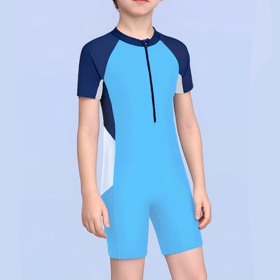 Boys Swimsuit 2 Piece Bathing Set with Zipper Swim Short Sleeve Top Shorts Summer Beach Suifing Pool Kids Swimwear Blue 13-16 Y