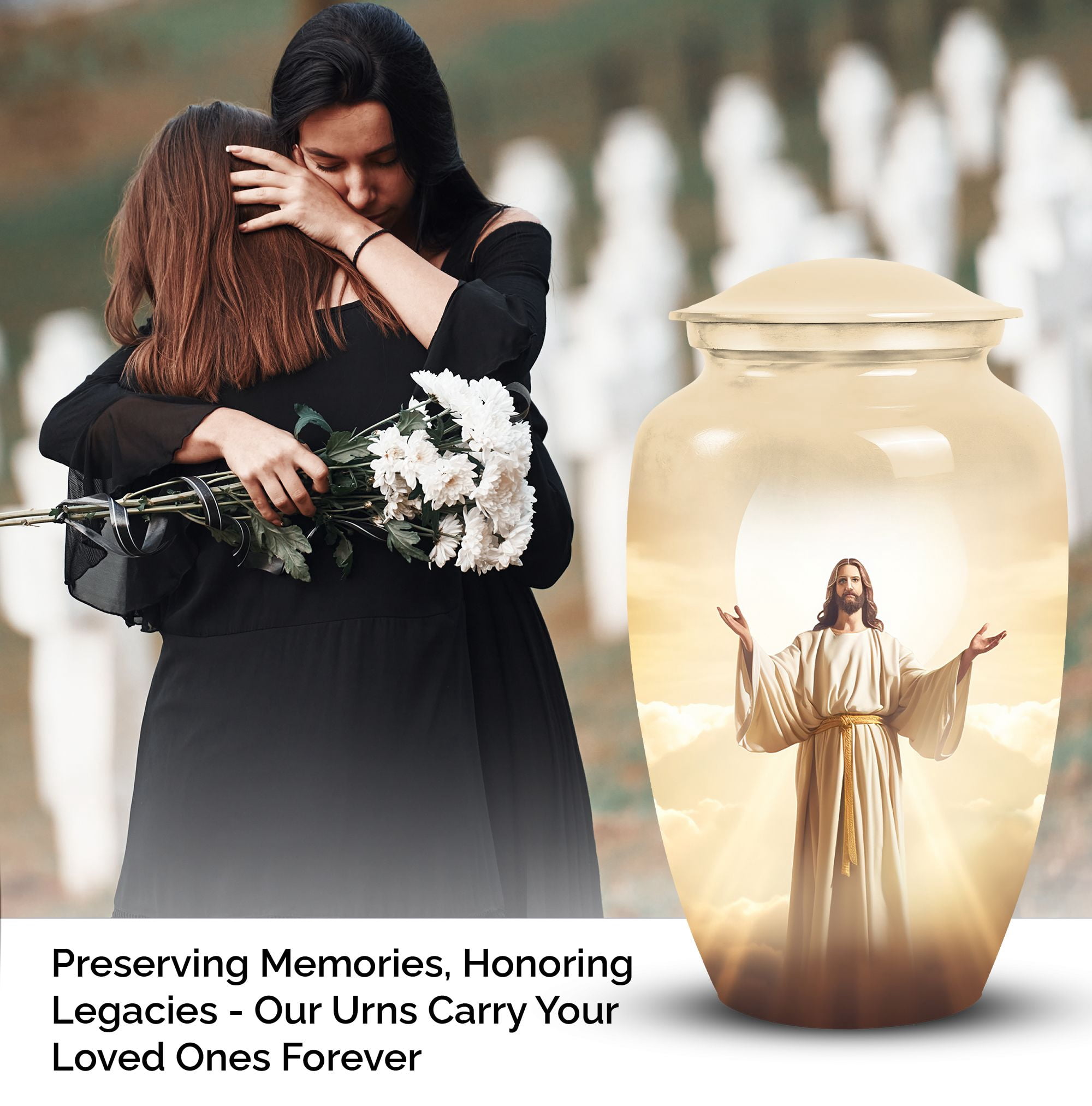 Jesus Christ Small Funeral Urns For Human Ashes Adult Female - Large Burial Urn For Ashes Adult Dad - Handcrafted Decorative Gifts For Unique Combo 10Inch 200Lbs And 3Inch Keepsake