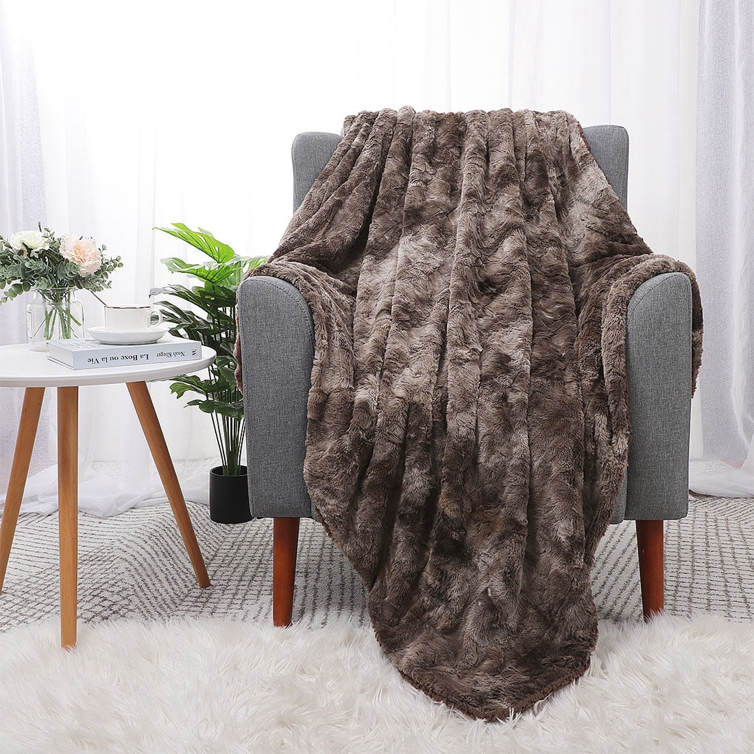 Unique Bargains Faux Fur Shaggy Sherpa Throw Blanket, 60" x 77", Brown