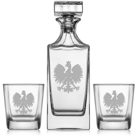 Whiskey Decanter Gift Set With 2 Whiskey Old Fashioned Rocks Glasses Poland Polish Eagle