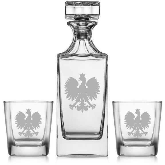 Whiskey Decanter Gift Set With 2 Whiskey Old Fashioned Rocks Glasses Poland Polish Eagle