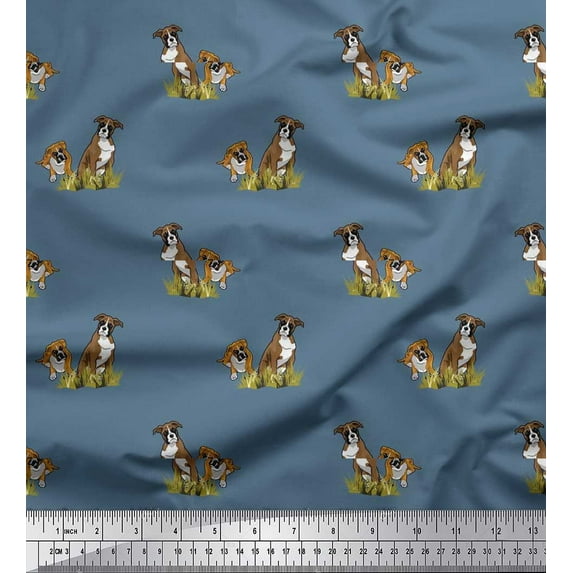 Soimoi Modal Satin Fabric Grass & Boxer Dog Print Sewing Fabric Yard 42 Inch Wide