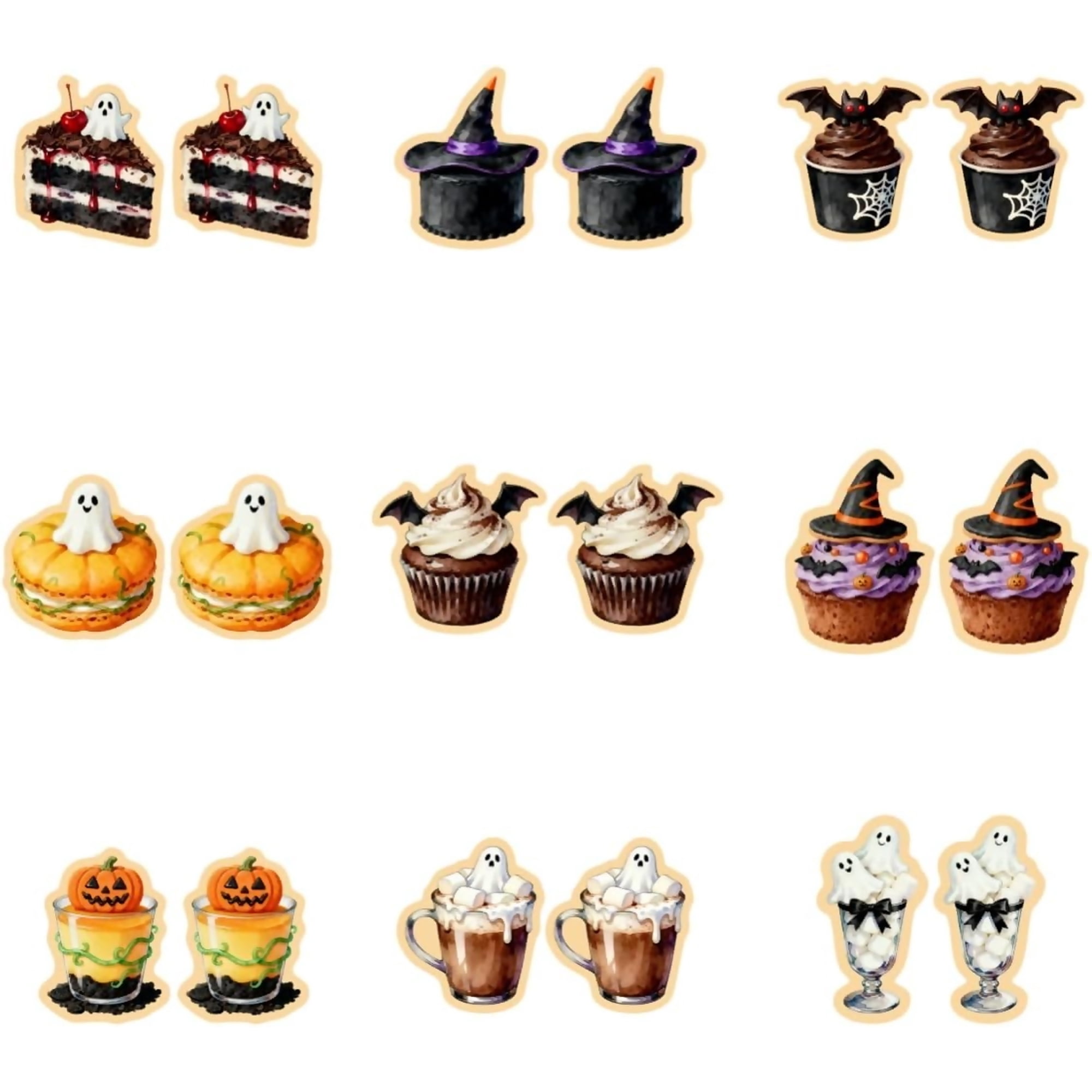 Zephyriana 9 Pairs Cute Handmade Halloween Food Wooden Stud Earrings Set Funny Ghost Pumpkin Bat Witch Hat Cake Coffee Lightweight Wood Earrings for Women Halloween Holiday Jewelry
