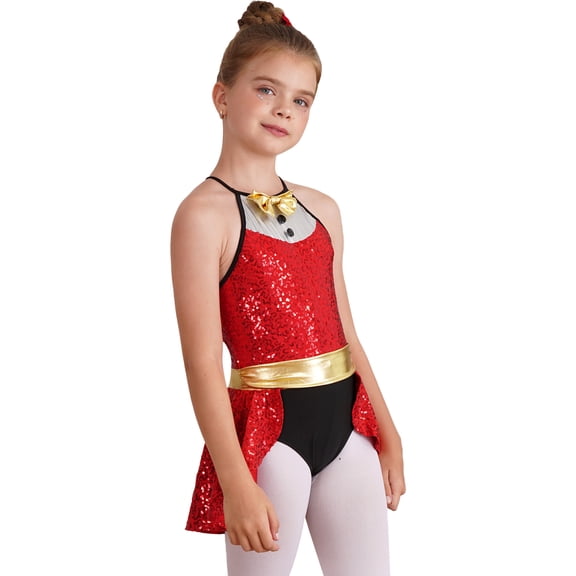 TTAO Kids Sparkle Ballet Leotard Sleeveless Dance Bodysuit Girls Christmas Gymnastics Jumpsuit Sequin Latin Dress Red 6