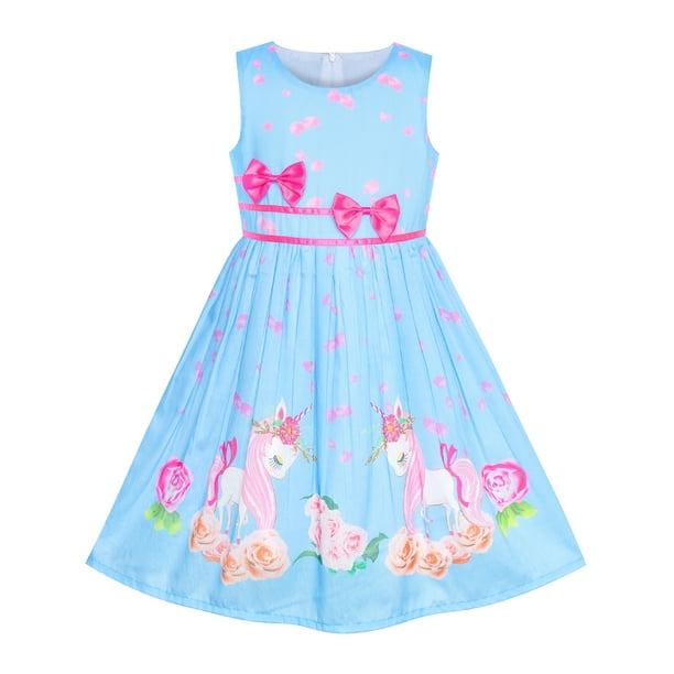 Sunny Fashion - Girls Dress Blue Unicorn Flower Summer Sundress 7-8 ...