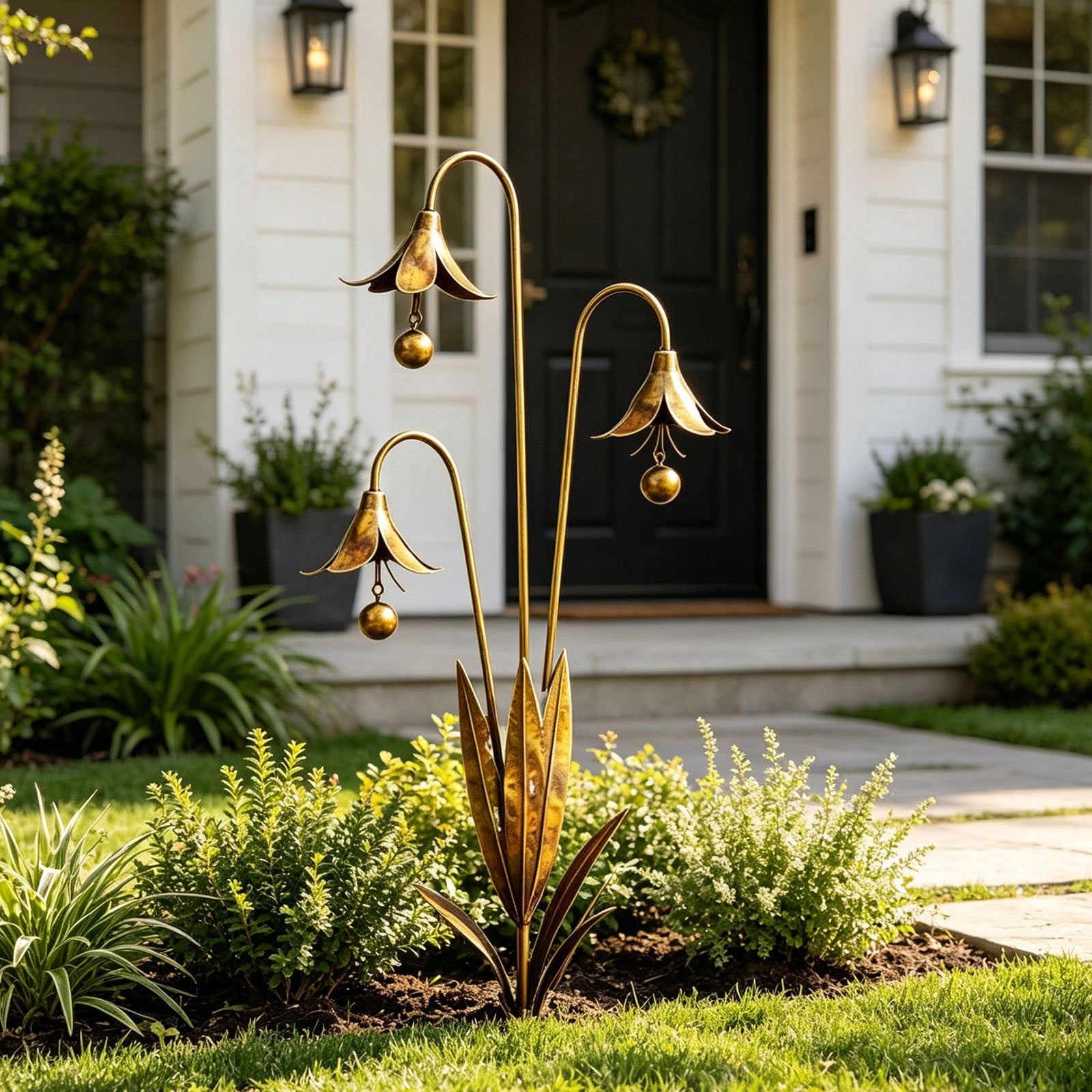 Pimea Metal Bronze Bluebell Flowers with Hanging Bells, 26.4" x 13", Vintage Metal Art Ornament for Outdoor Garden, Yard, Patio & Home Wall Decor