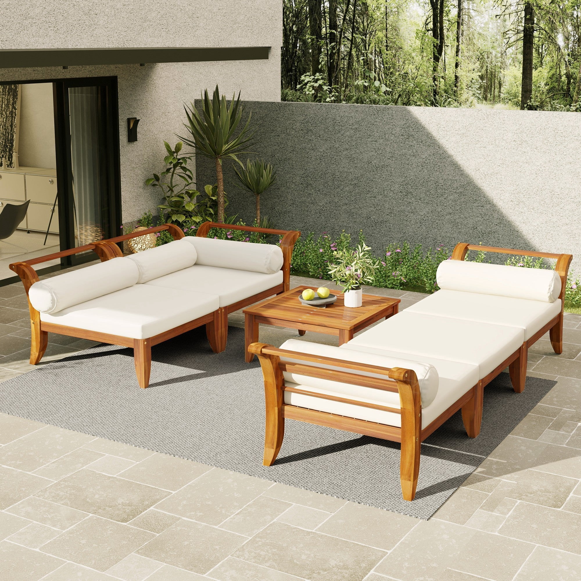 Sailvan 6pc Outdoor Patio Sectional Furniture Set,Acacia Wood L-Shaped Conversation Sofa with Ottoman & Tea Table,Weather Resistant,Teak/Beige
