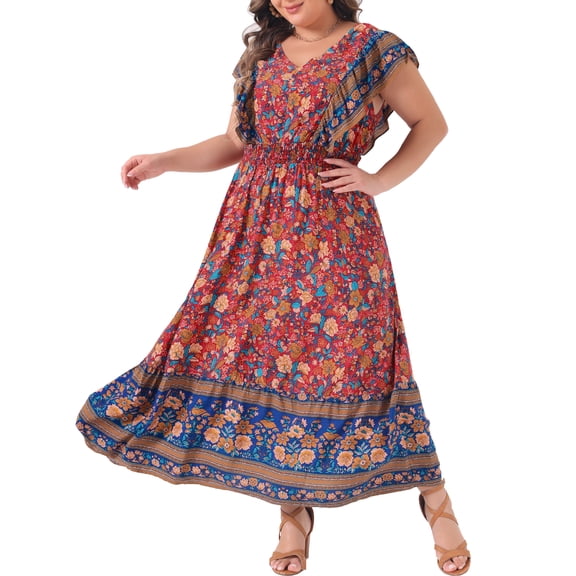 DARING DIVA Plus Size Floral Ruffle Sleeve Beach Boho Maxi Dress 1X Red