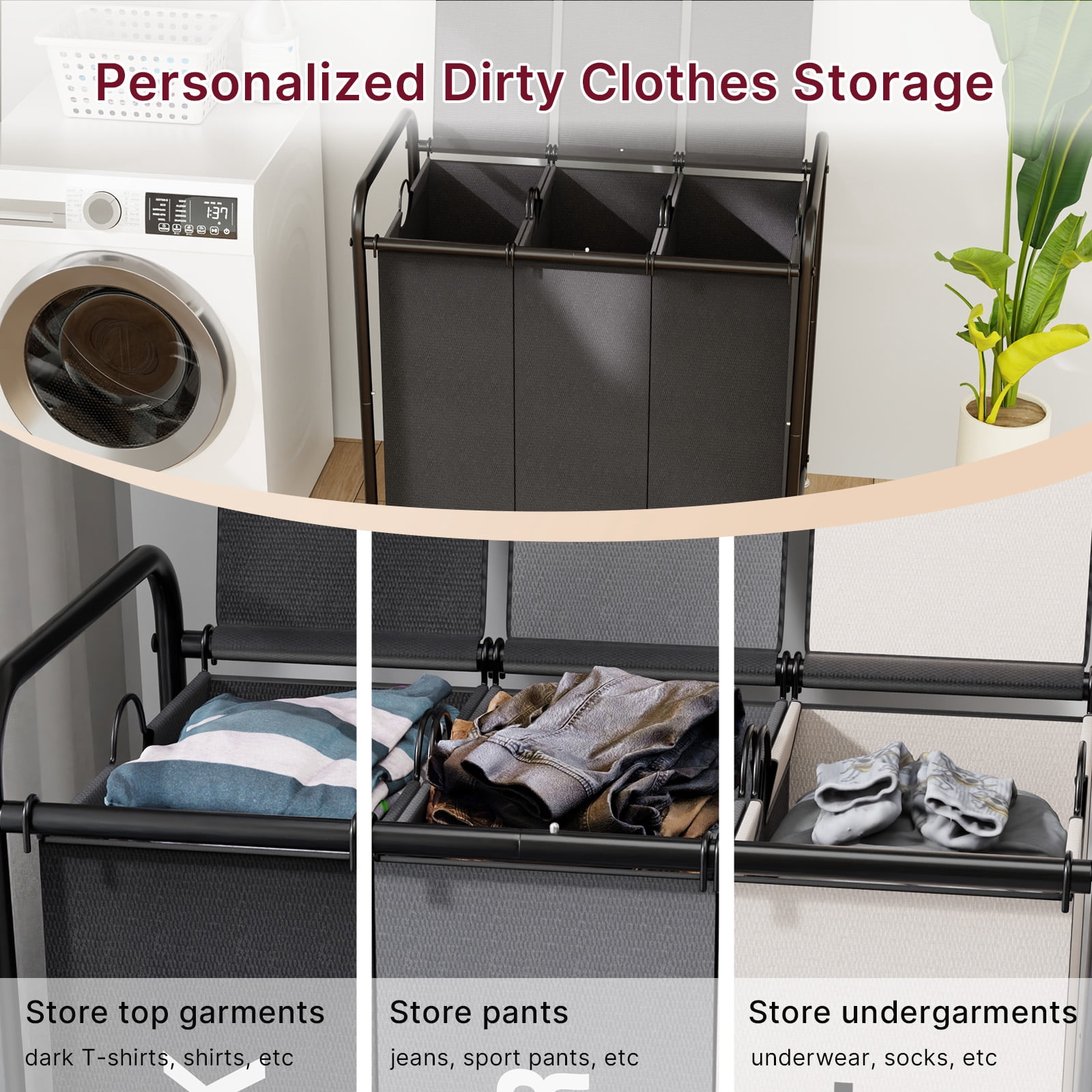 180L (47.55 Gal) Laundry Sorter 3 Section, Rolling Laundry Basket with Lockable Wheels and Lid, Laundry Hamper with 3 Separated Removable Bags Dirty Clothes Hamper for Laundry Room Organizer, Black