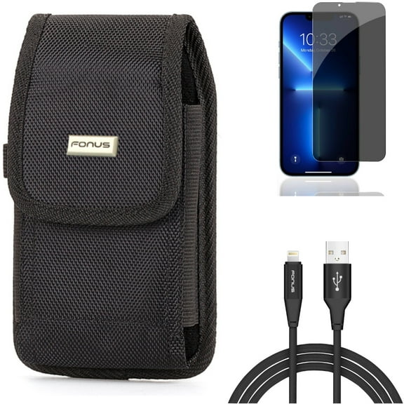 6ft USB Cable & Privacy Screen Protector & Case Belt Clip for iPhone 13/Pro ONLY - Charger Cord Power Wire   Tempered Glass Curved Anti-Spy   Rugged Holster Canvas Combo