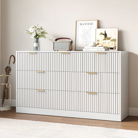 YouTrend 55.1"W Fluted Dressers for Bedroom with 7 Drawers,Modern Chest of Drawer TV Stand for Adults,Wood Clothes Storage for Living Room,White