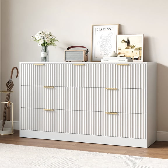 YouTrend Fluted Dressers for Bedroom with 7 Drawers,Modern Chest of Drawer TV Stand for Adults,Wood Clothes Storage for Living Room,White