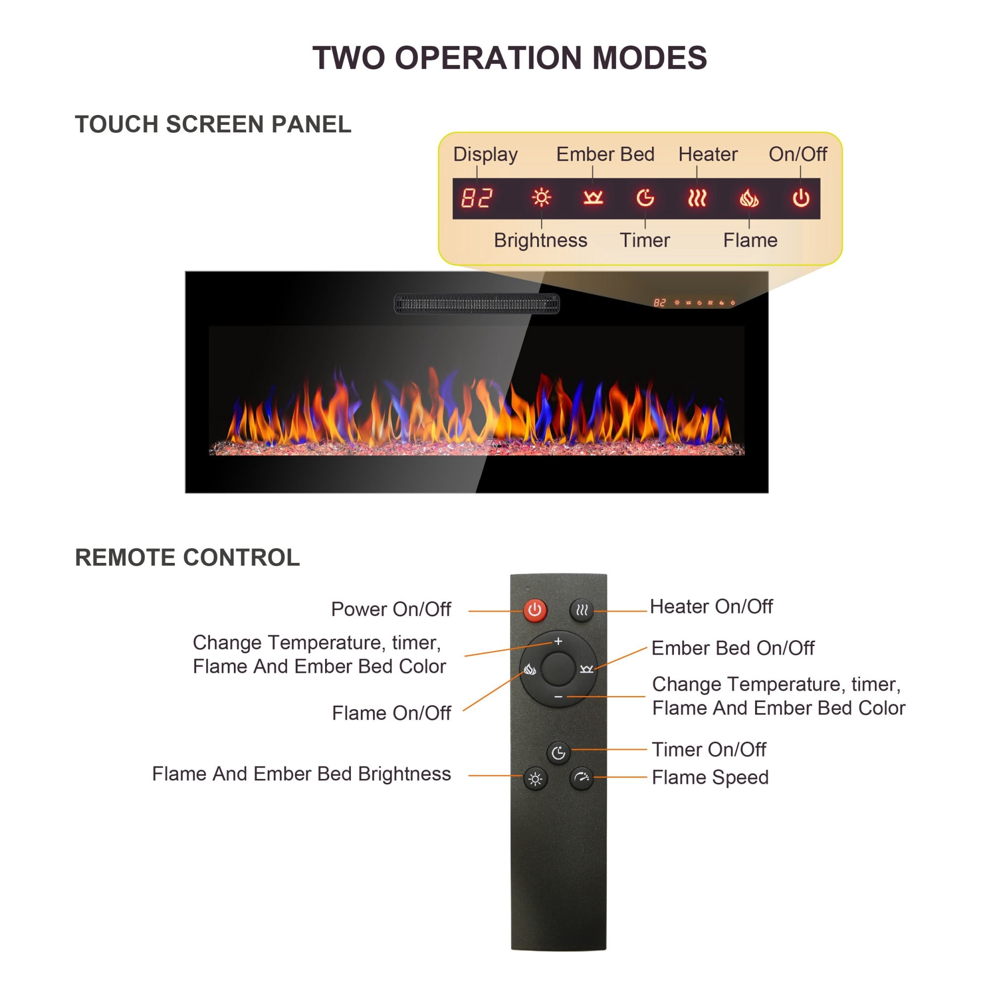 AENKYO 36'' Electric Fireplace with 3D Flame, 16 Colors, Remote Control, Wall Mount/Recessed/Freestanding, Black