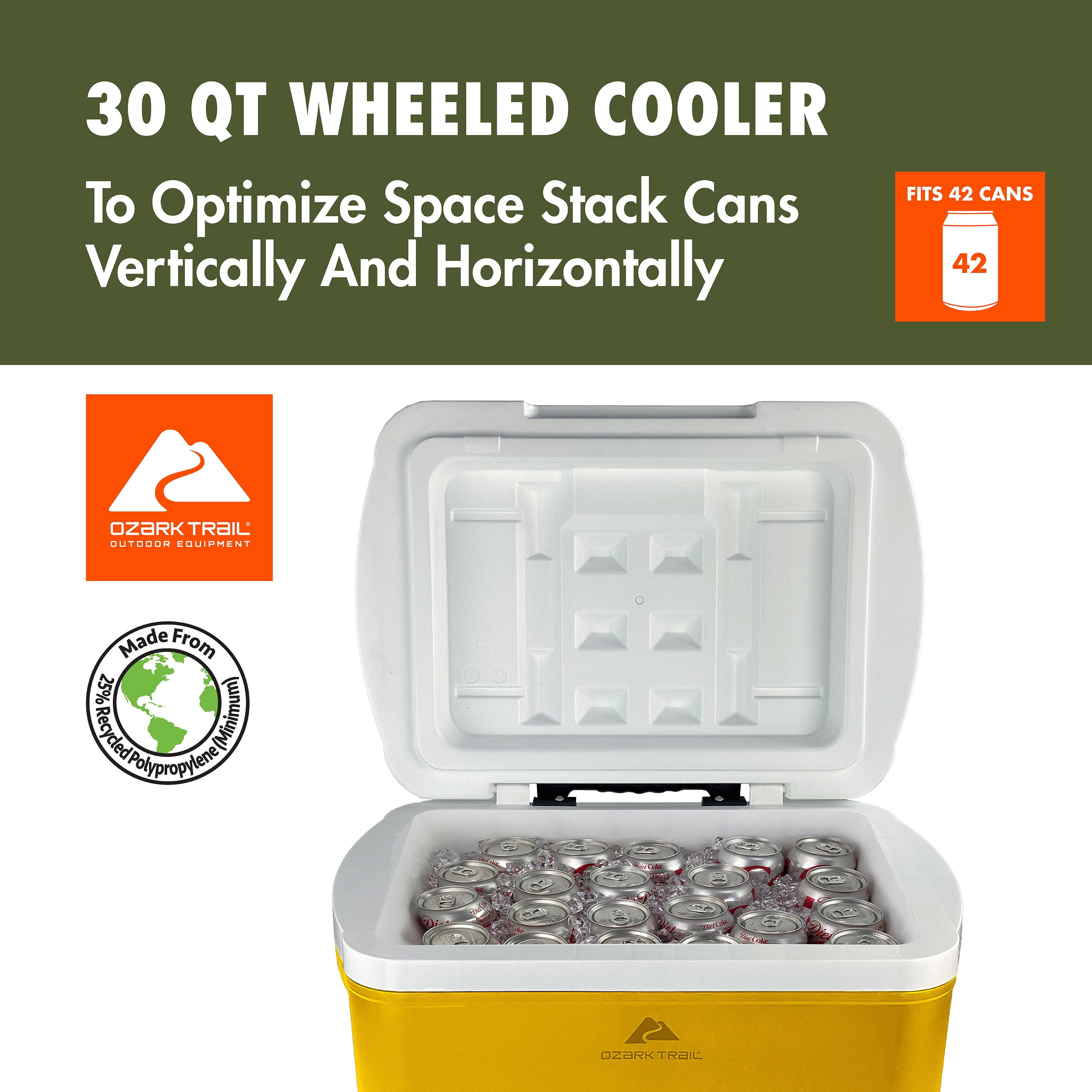 Ozark Trail 30 Quart Capacity Hard Side Wheeled Cooler, 42-Can, Mustard Gold