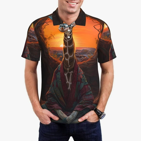 Saiise Tree Hollow Meditating Giraffe Print Mens Golf Shirt Moisture Wicking Quick-Dry Print Performance Polo Shirts for Men-Large
