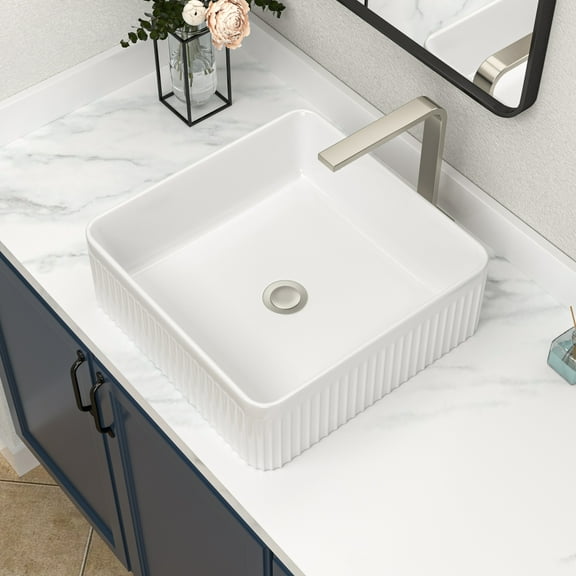 Logmey 15"x15" White Bathroom Vessel Sink Square Ceramic Sink Porcelain Vanity Basin