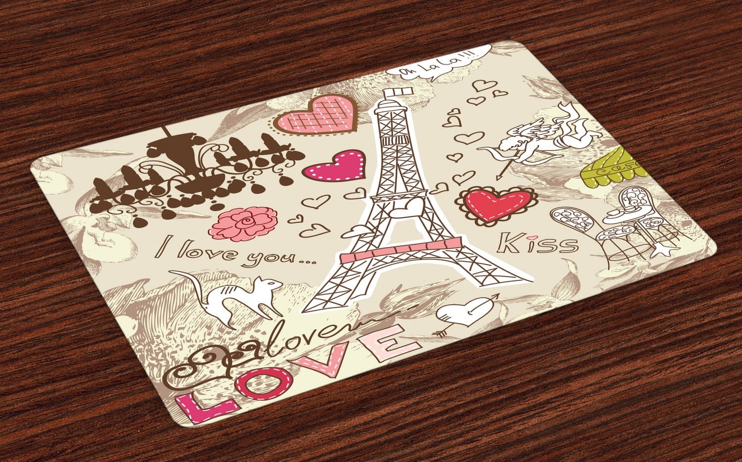 Paris Placemats Set of 4 Doodles Illustration of Eiffel Tower Hearts