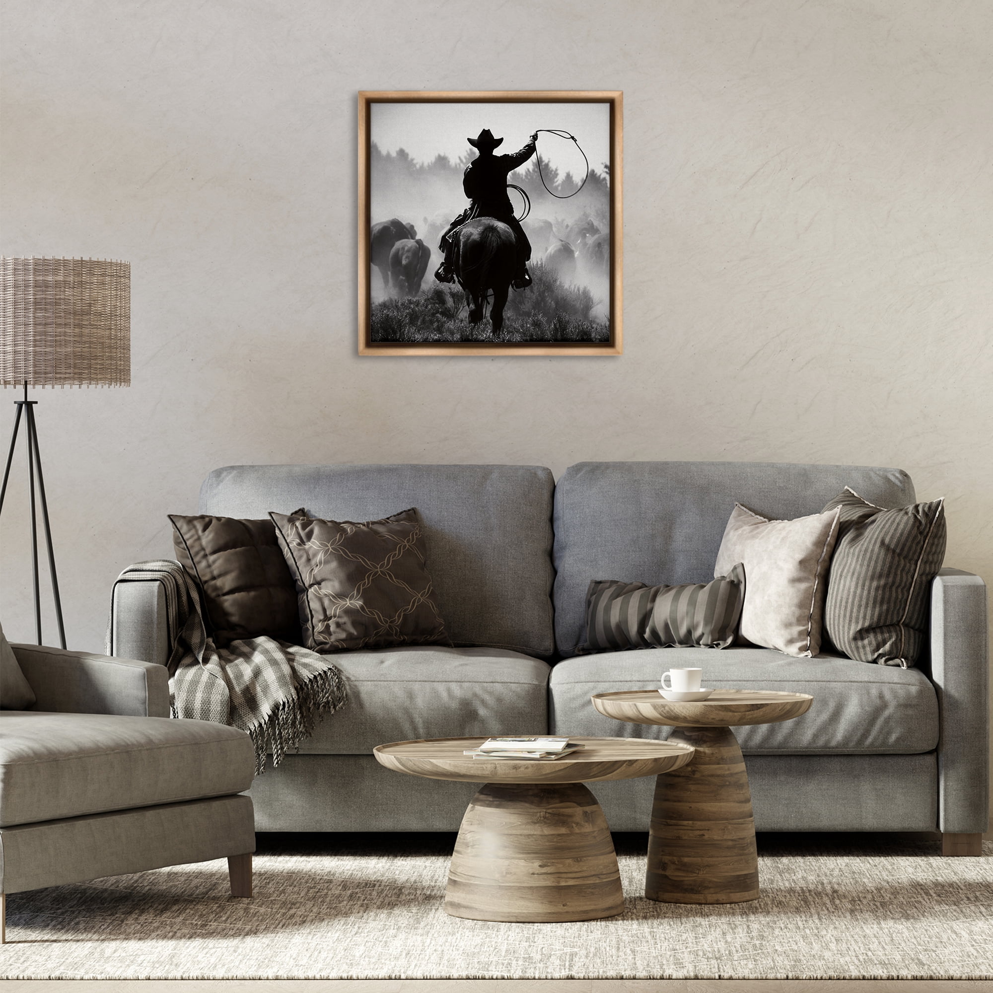 Stupell Industries Cowboy Swinging Lasso People Photography Brown Floater Framed Canvas Art Print Wall Art, 25 x 25
