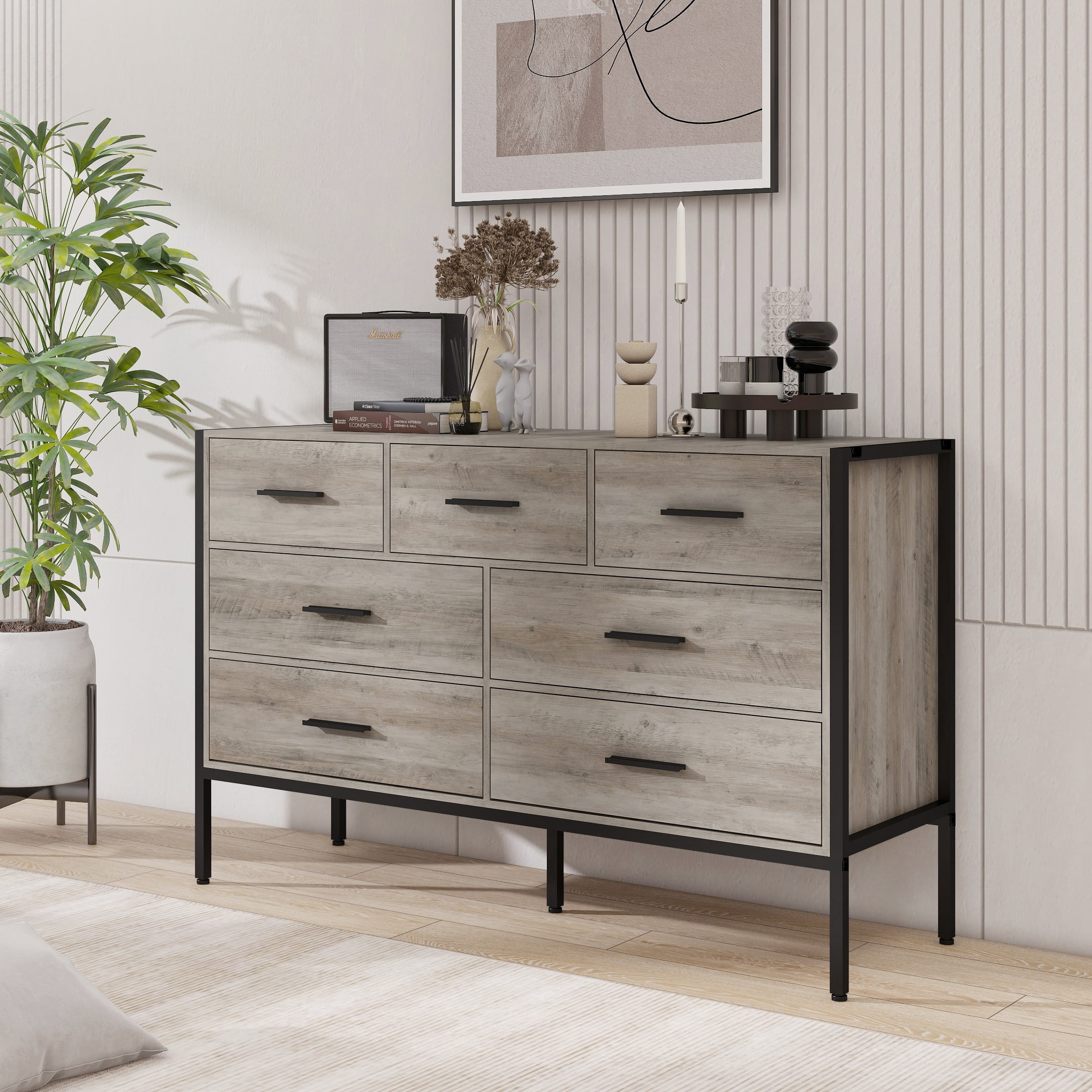 PORKISS 7 Drawer Dresser, Wood Chest of Drawers, Industrial Style Horizontal Dresser for Bedroom, Solid Clothes Storage Cabinet with Sturdy Steel Frame, Wooden Dresser Organizer, Gray