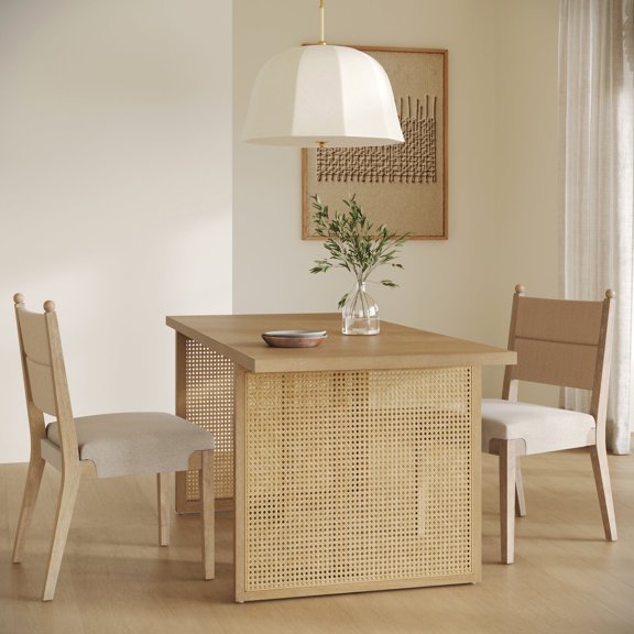 Nathan James Willow Boho Dining Table for 6 with Solid Wood Legs, 6-Person Natural Wood Dining Table, Light Brown Dining Table with Bohemian Rattan Accent