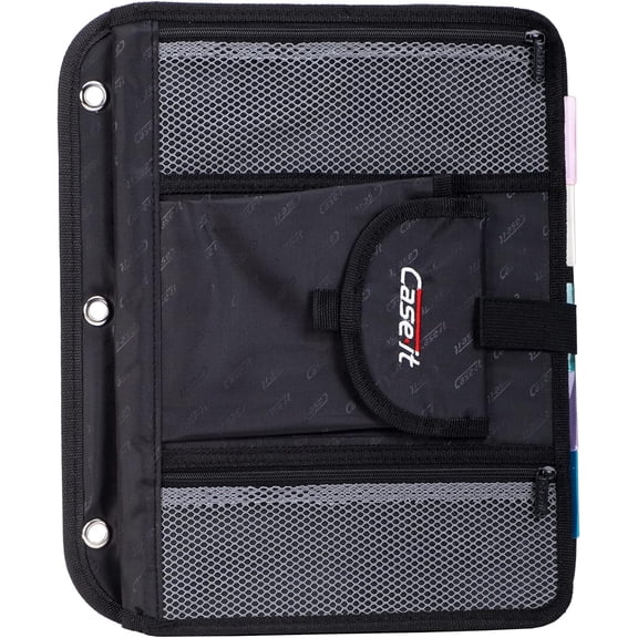 Case-It 5-Tab Binder Accessory, 5-colored tabbed, 6 pocket expanding file, fits any standard 3 ring letter size binder, additional zippered mesh pockets for pen storage, ACC-21, Black
