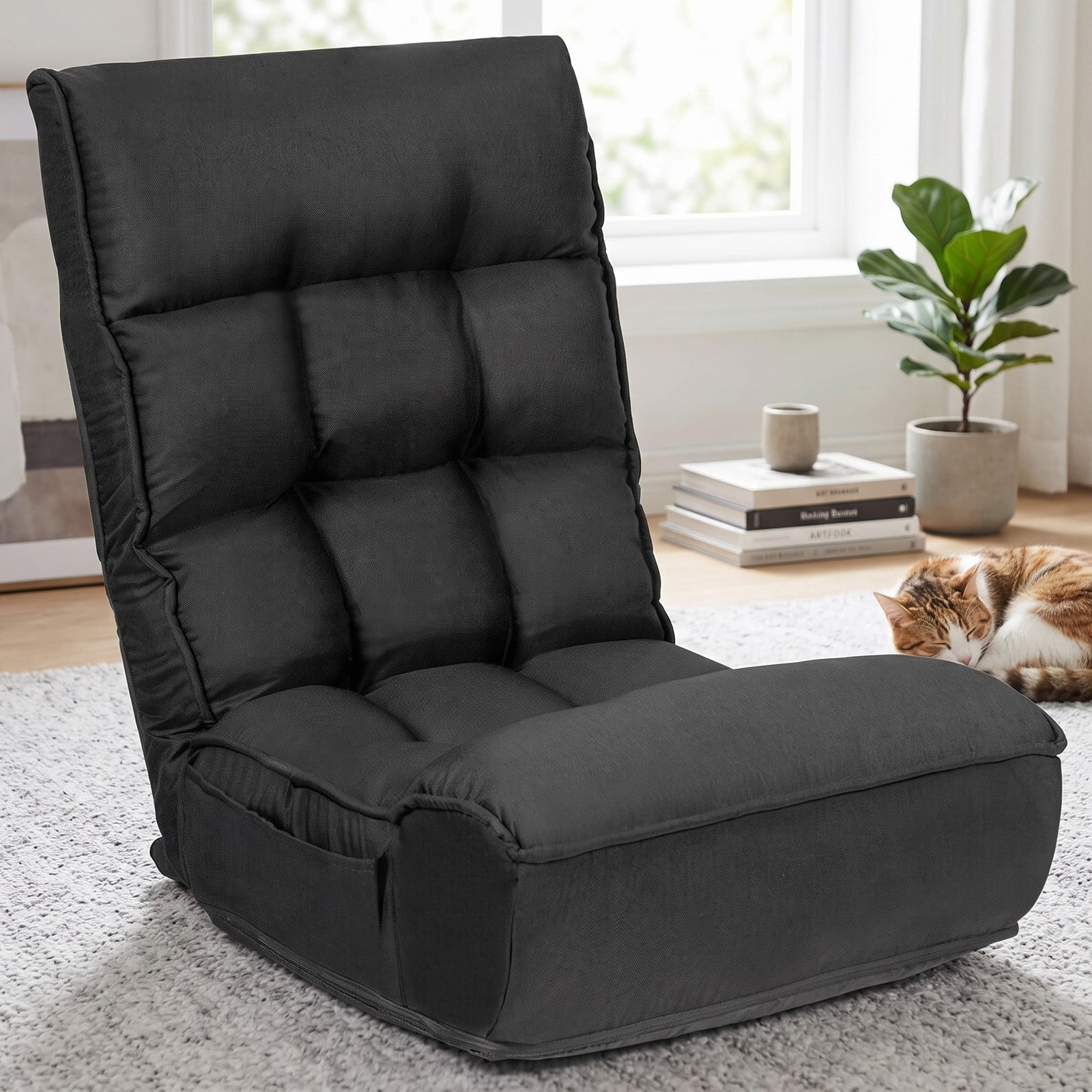 Furnibear 4-Position Adjustable Folding Floor Chair, Foldable Lazy Sofa Gaming Recliner with Steel Frame for Reading Watching TV, 286 lbs Capacity, Black