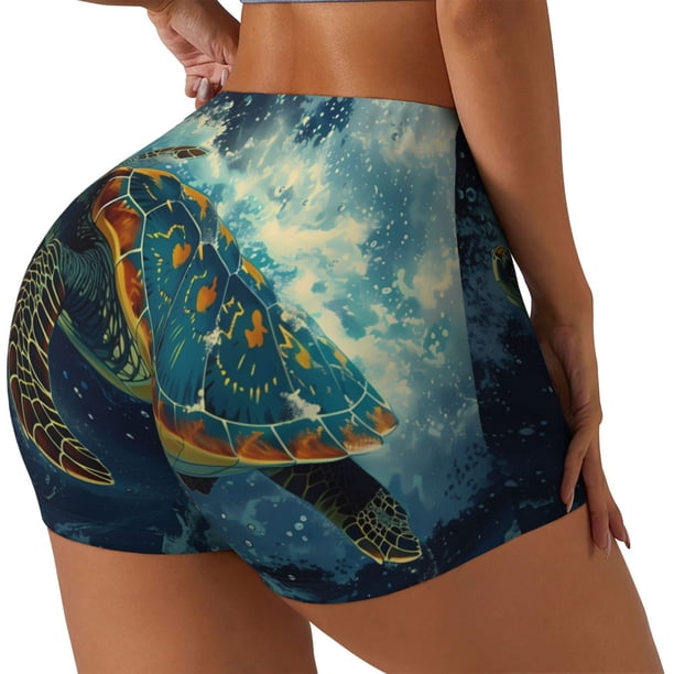 Balery Surfing Turtle Pantalones cortos de entrenamiento estampados para mujer, sin costuras, ajustados, para gimnasio, yoga, correr, deportes, ejercicio activo, fitness.-Small