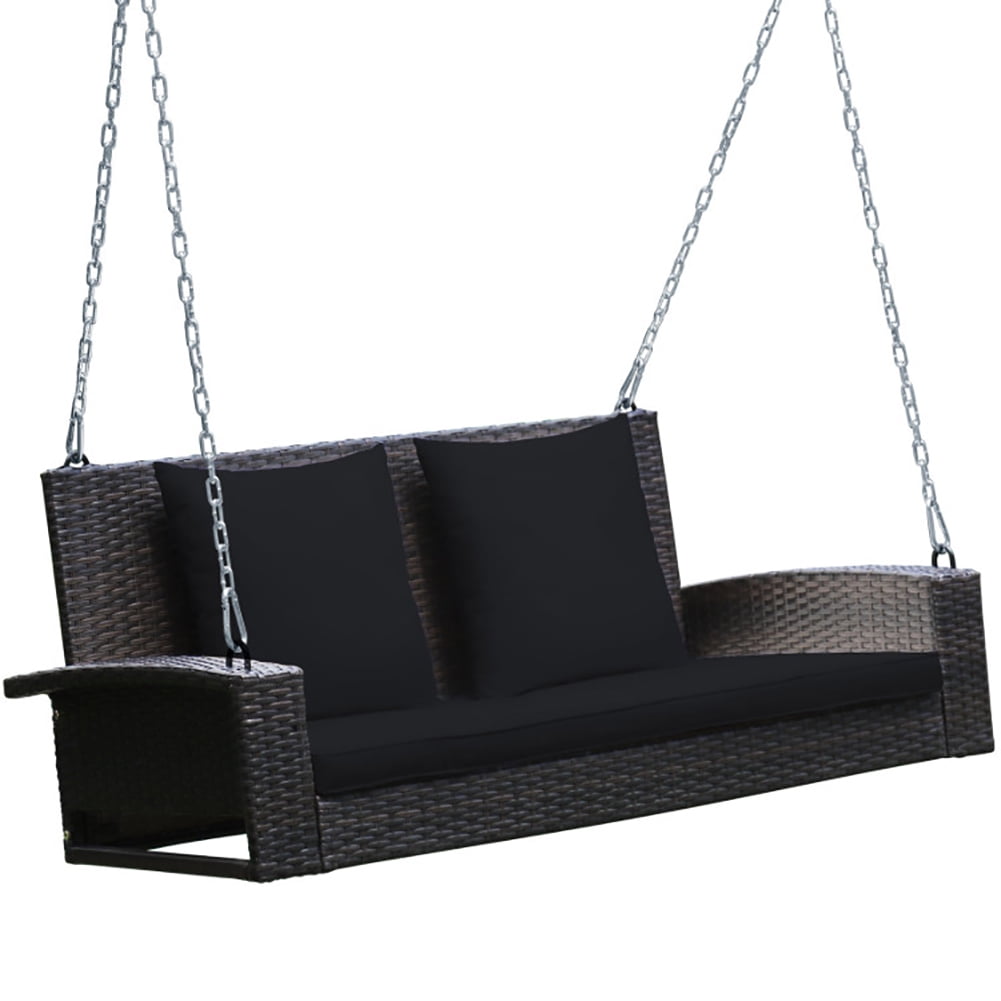 Aimee Lii 2-Person Patio Rattan Porch Swing with Cushions, Outdoor Patio Furniture, Black