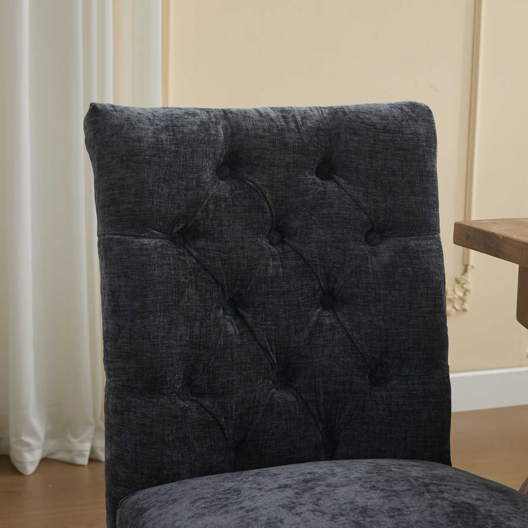 Noble House Set of 2 Tufted Chenille Upholstered Dining Chairs, Curved Solid Wood Legs, Black