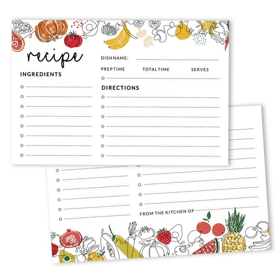 Inkdotpot 4x6 Inch Recipe Cards (Set of 50) , Thick Double Sided Premium Card Stock- Modern Style White Recipe Notecards for Weddings- Bridal- Baby Shower - veggies & fruits Theme