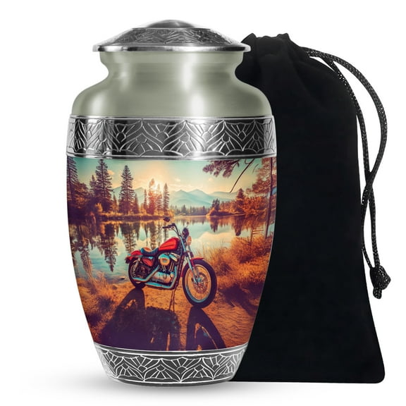 YATSKIA Classic Bike on Lake Side Large Cremation Urn for Ashes Adult Male and Female, Decorative Memorial Urn for Adult Ash, (200 Cubic, Large 10 Inch)