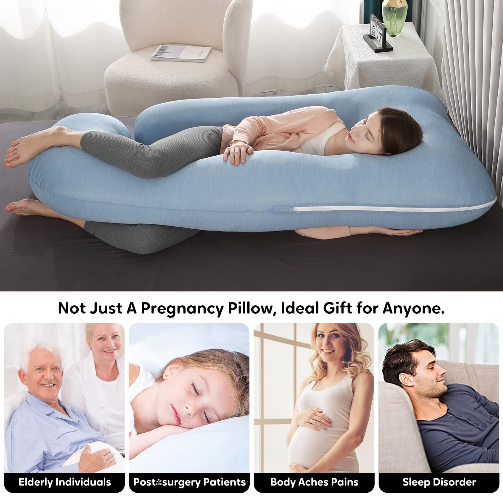U-shaped Pillow For Sleeping  Full Body Support & Belly - 65 Inch Maternity With Machine Washable Cover |