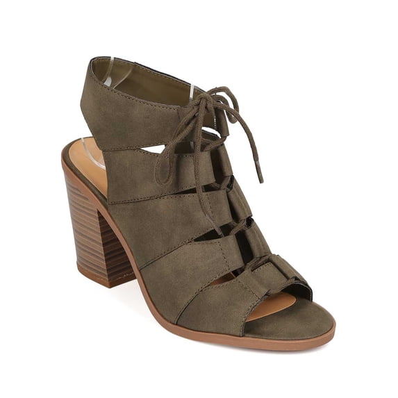 New Women Soda Quince-S Leatherette Peep Toe Lace Up Slingback Chunky Heel Mule