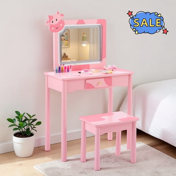 Hassch Small Vanity Desk with LED Lights and Mirror, 23.6 Inch Makeup Table with Stool, Dressing Table with Storage Drawer, Pink
