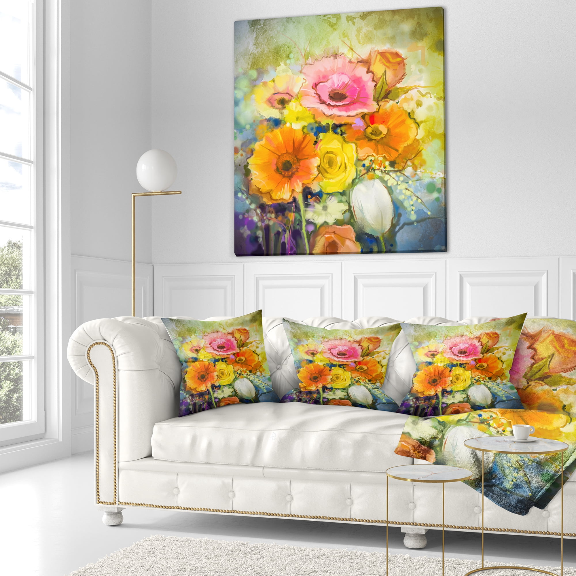 Designart White Gerbera Red Rose and Tulips - Floral Throw Pillow - 16x16