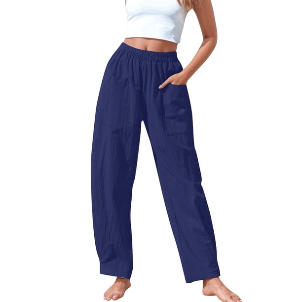 Pantalones elásticos de lino de cintura alta para mujer, informales: pantalones ligeros de verano para hacer ejercicio