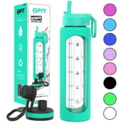 32 oz Glass Water Bottle with Time Marker Reminder and Silicone Sleeve (Seafoam+EXTRA LID) - Reusable, Wide Mouth, Leakproof, Glass Drinking Bottle, BPA Free, Motivational Water Bottles for Hydration