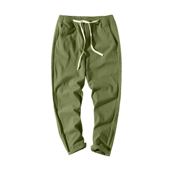 LMOIPLI Men's Cotton Drawstring Casual Pants Breathable Comfortable Thick Fabric Outdoor Cropped Pants Straight Leg Pockets for Jogging Daily Wear Holiday Events Green XXL
