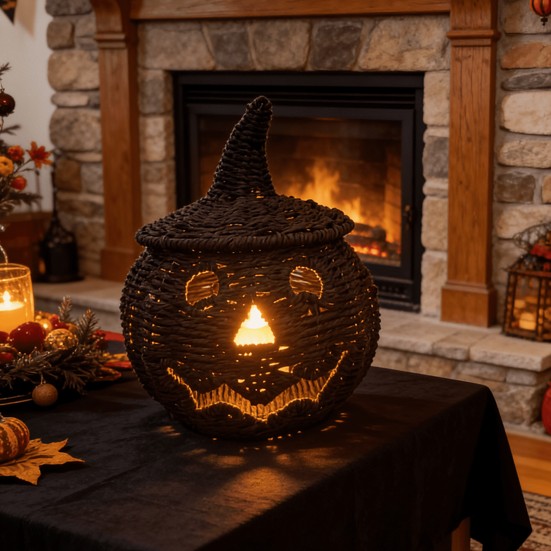 Decorr Halloween Pumpkin Basket Decor, 9x10" Black Woven Jack-O-Lantern with Witch Hat, Spooky Halloween Treat Bucket, Handwoven Halloween Party Decor & Trick-or-Treat Basket