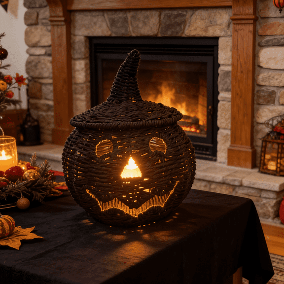 Mskk 10.2" Black Rattan Pumpkin Handwoven Decoration, Hollow Pumpkin Basket, Halloween Decor for Indoor Tabletop, and Rustic Home Party