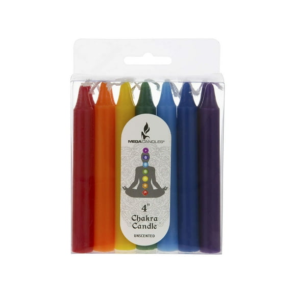 Mega Candles 14 pcs Unscented Chakra Straight Taper Candle, Hand Poured Premium Wax Candles 4 Inch x 1/2 Inch, 100% Lead Free Cotton Wick, Promotes Positive Energy, Aids Meditation, Relaxa