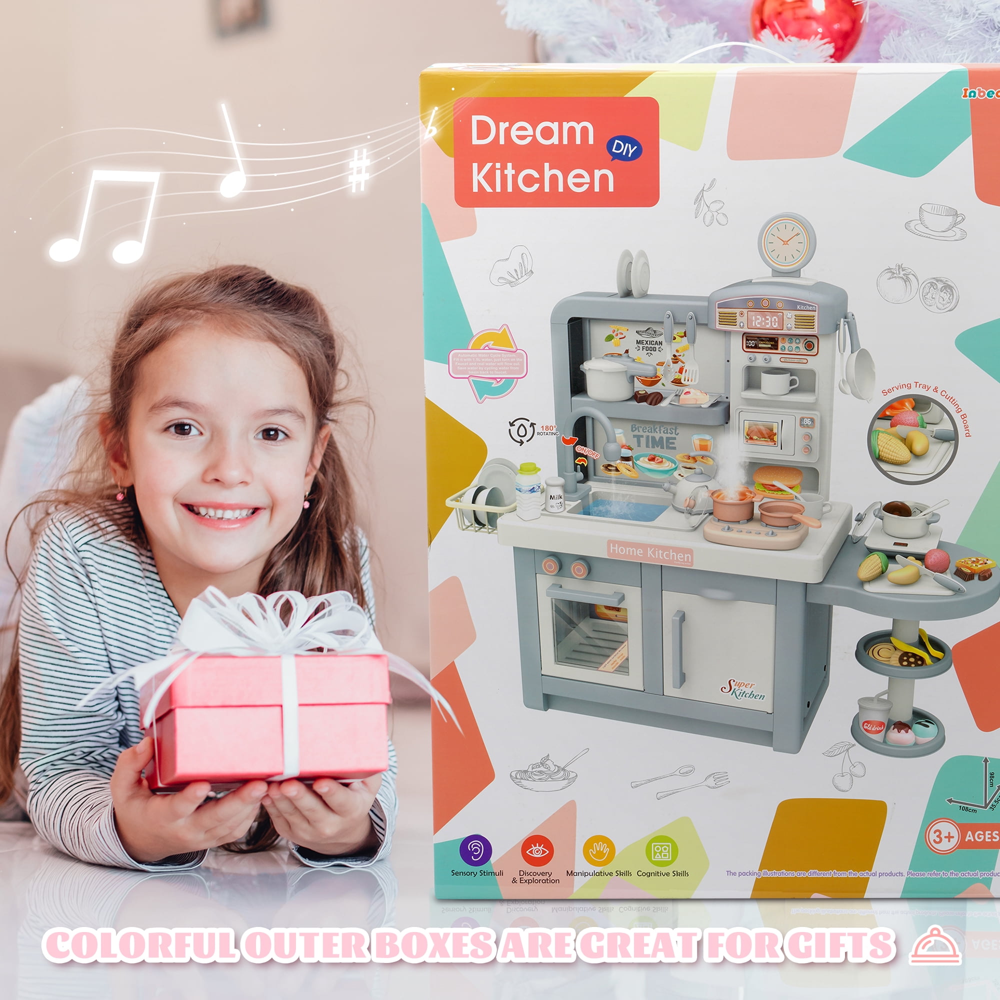 Signature Fitness 49-Piece Toddler Kitchen Playset，Pretend Food，with Stove, Sink, and Accessories, Interactive Lights & Sounds, Ideal for Ages 3+